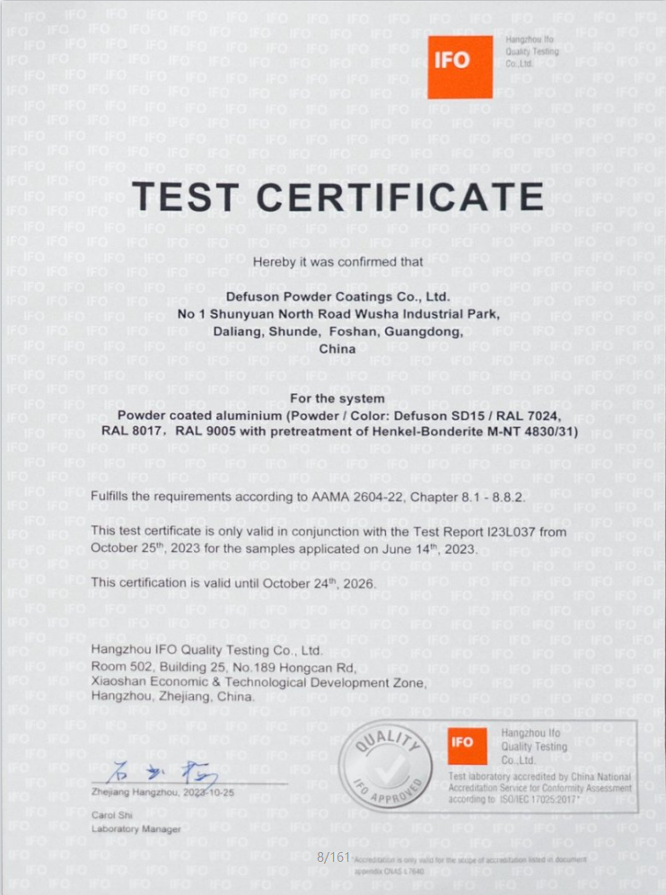 Test certificate of AAMA2604