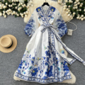 Vintage Floral Printed Swing Dress with Cross Lace-Up Waist and Lantern Sleeves1