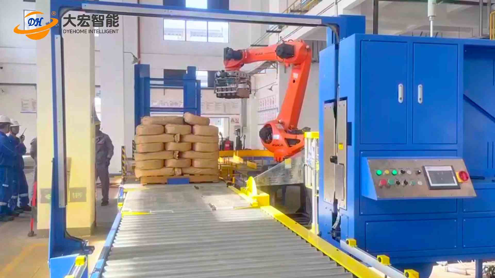 Stretch wrapping and strapping production line