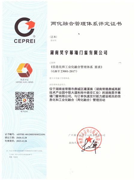 Certificate of Evaluation for the Integration of Informatization and Industrialization Management Sy