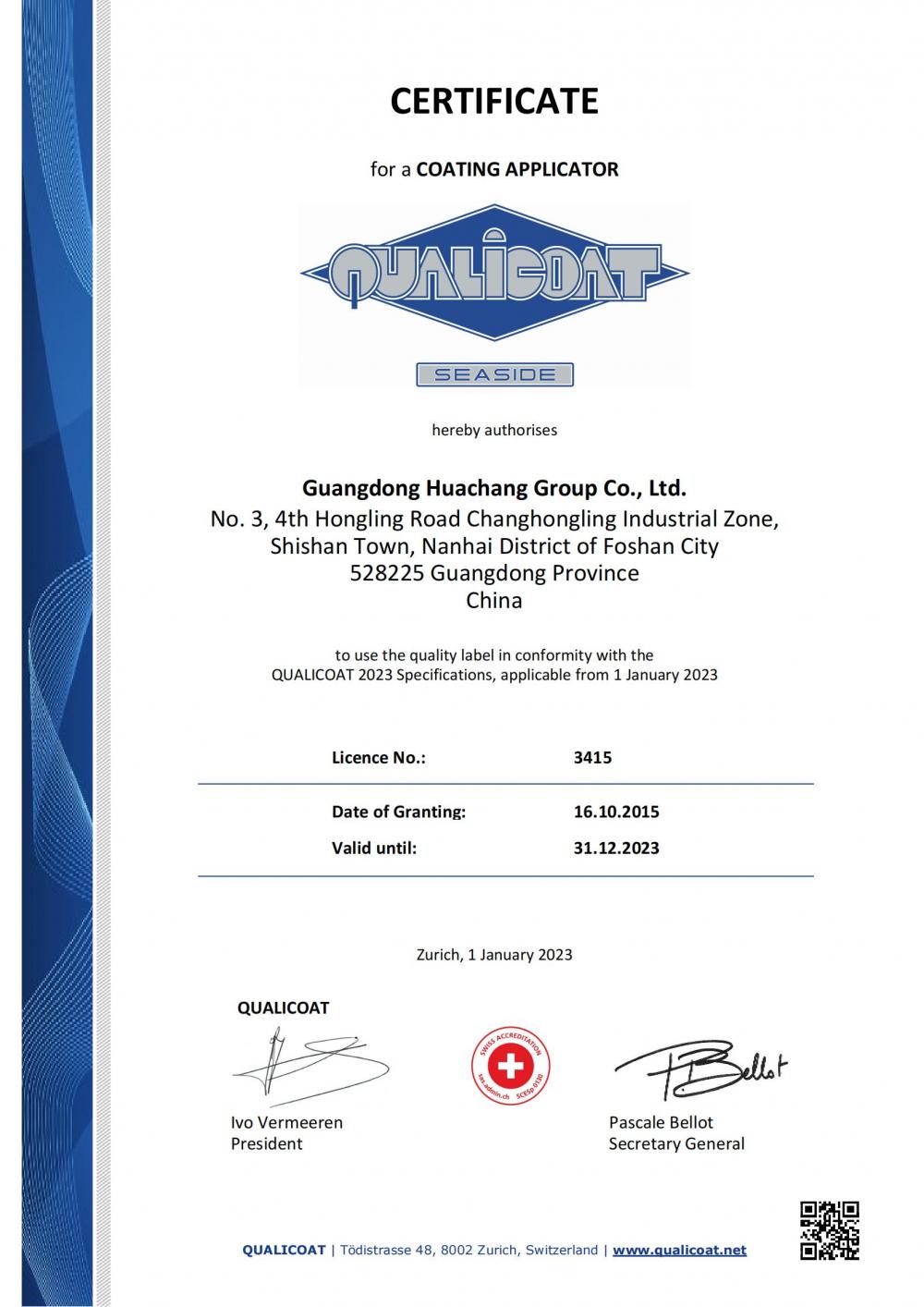 CERTIFICATE for a COATING APPLICATOR