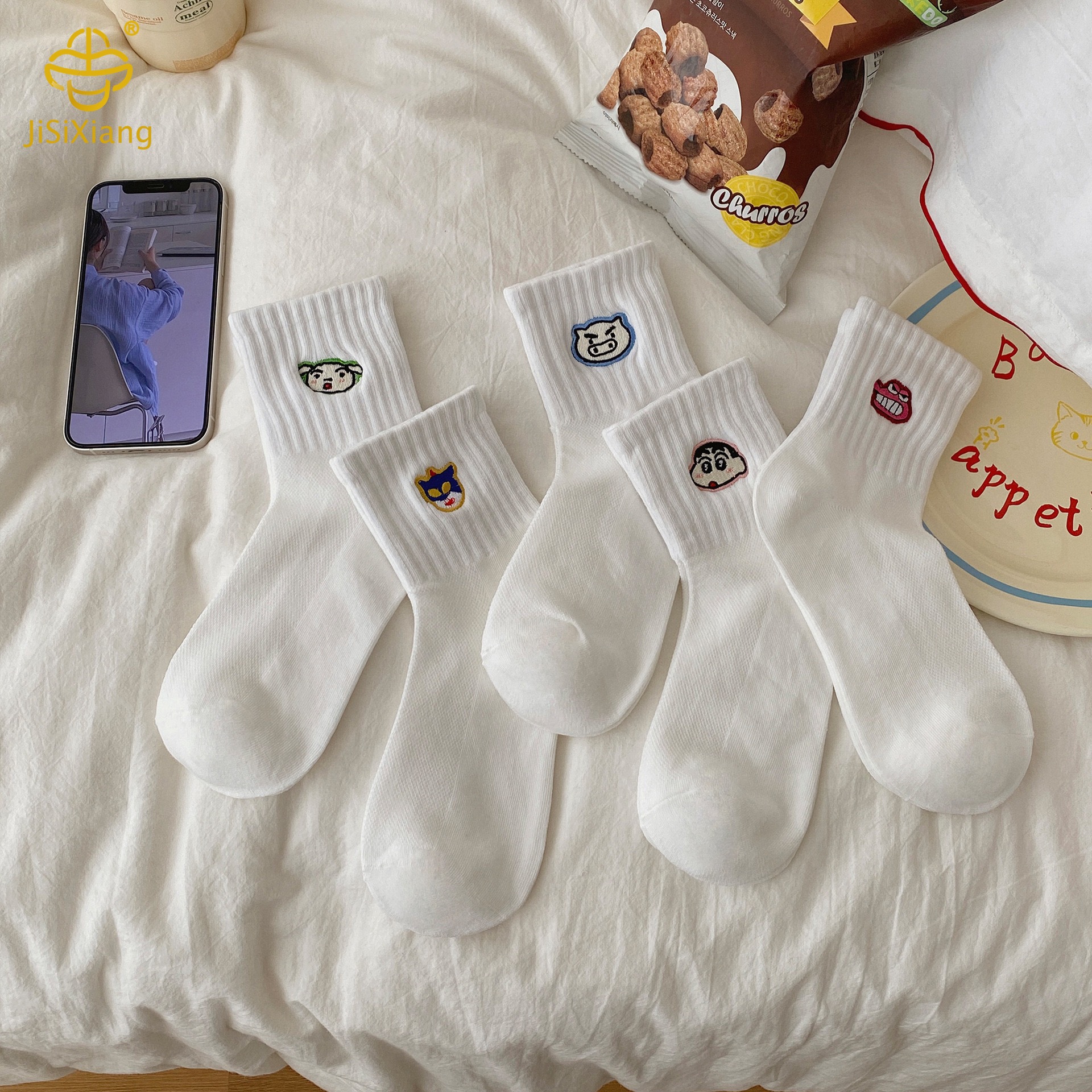 한국 버전 만화 자수 튜브 양말 ins 대학 스타일