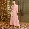 عبای زنانه Abaya Musulmane یقه V آستین بلند یکرنگ کمربند لباس عبایی لباس مجلسی زنانه شیک زنانه Abaya1