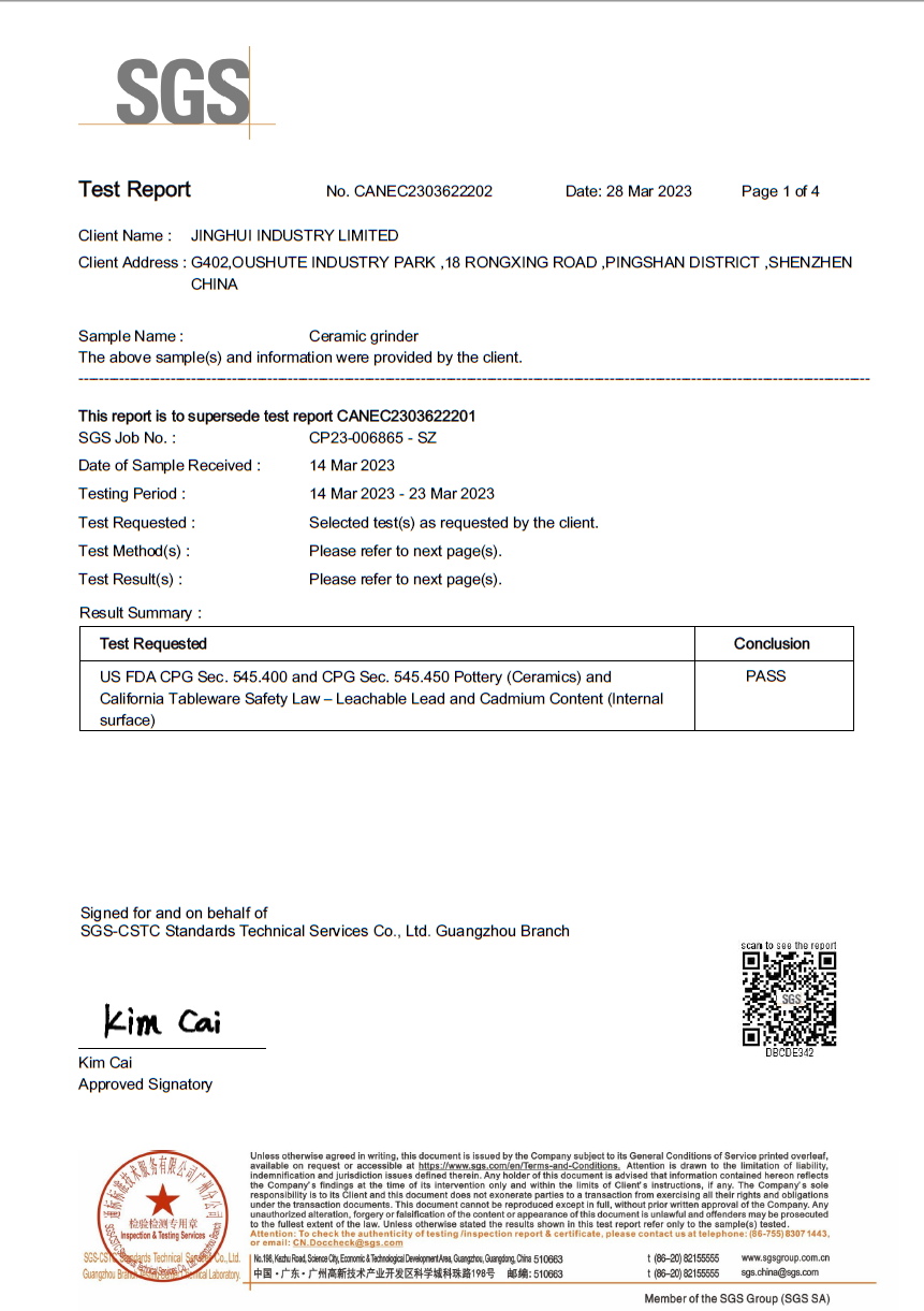 FDA 2023 for ceramic grinder burr