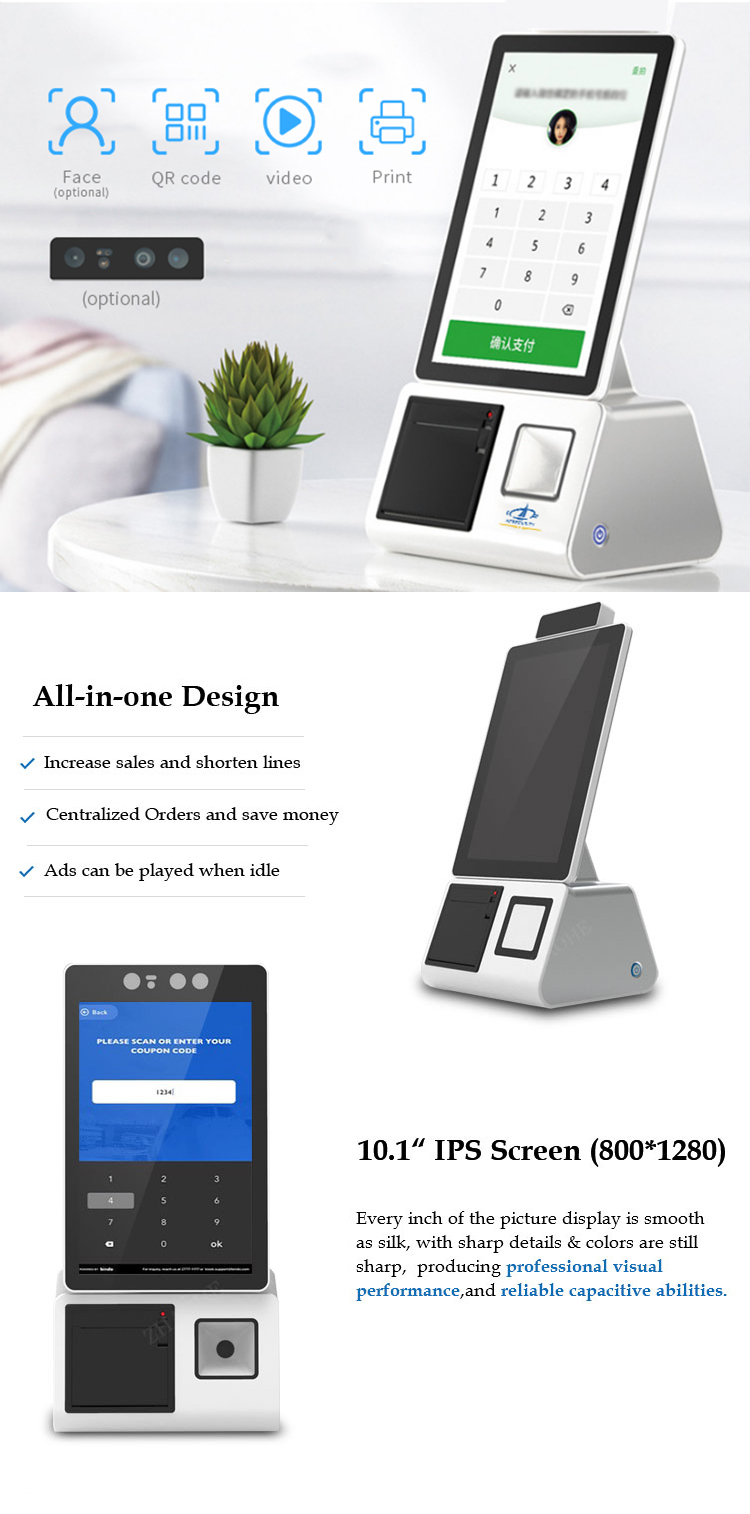 10.1inch capacitive touch screen interactive restaurant self service ordering kiosk payment machine