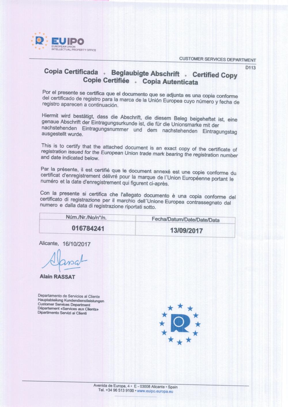 YIDASHUN EU Certificate of Trademark