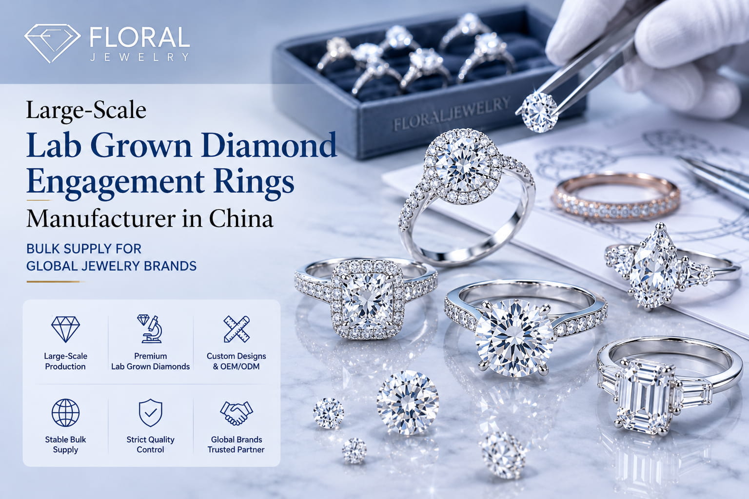 Fabricante a gran escala de anillos de compromiso de diamantes cultivados en laboratorio en China | Suministro a granel para marcas mundiales de joyería