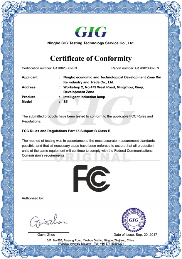 FCC for Gesture Sensor Light