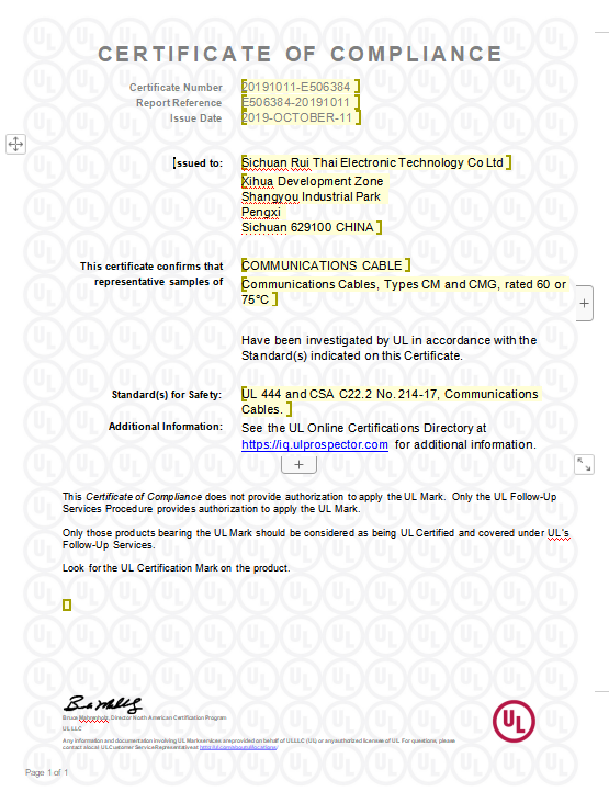 CERTIFICATE OFCOMPLIANCE