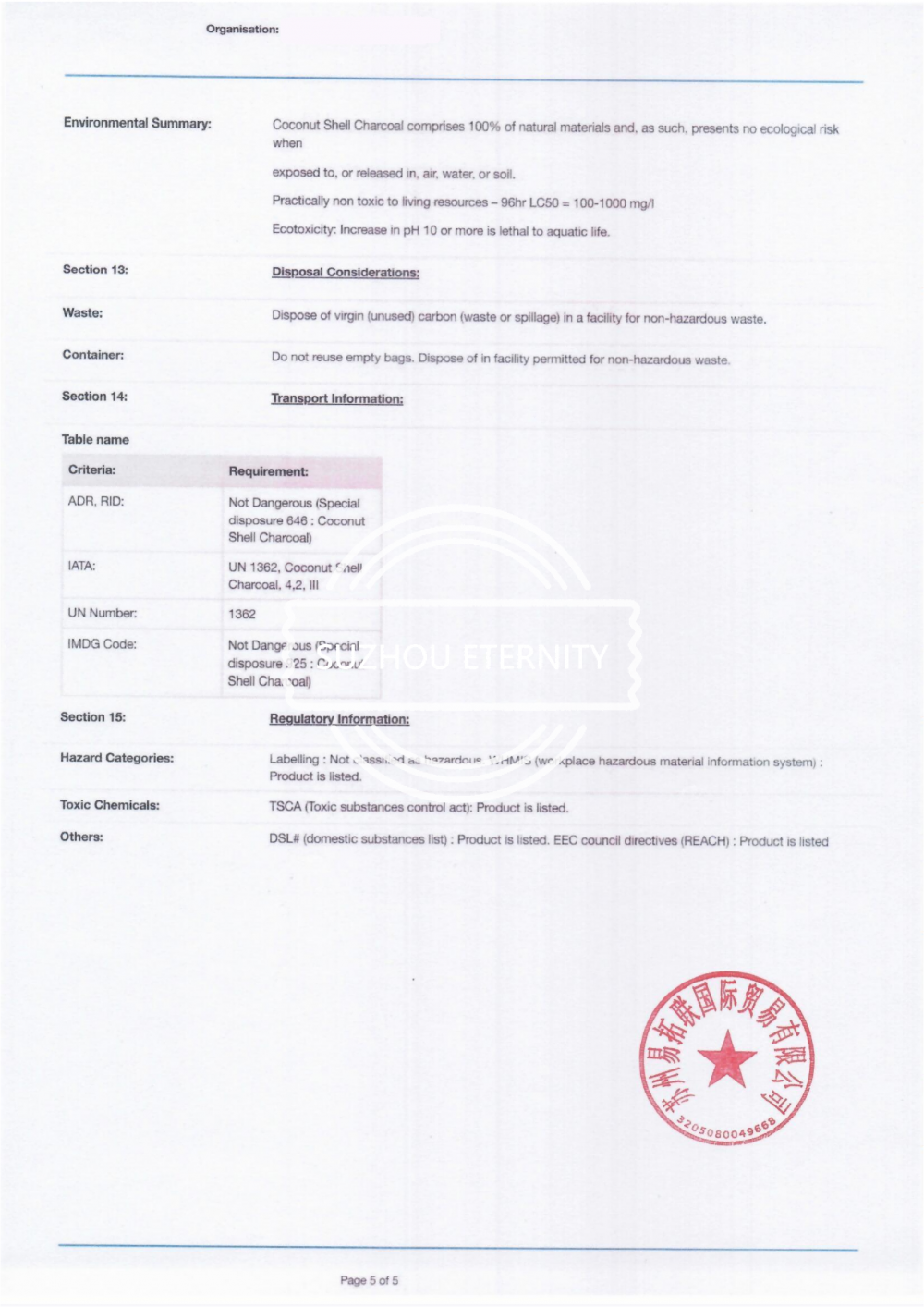 Material Safe Data Sheet of Coconut Shell Charcoal