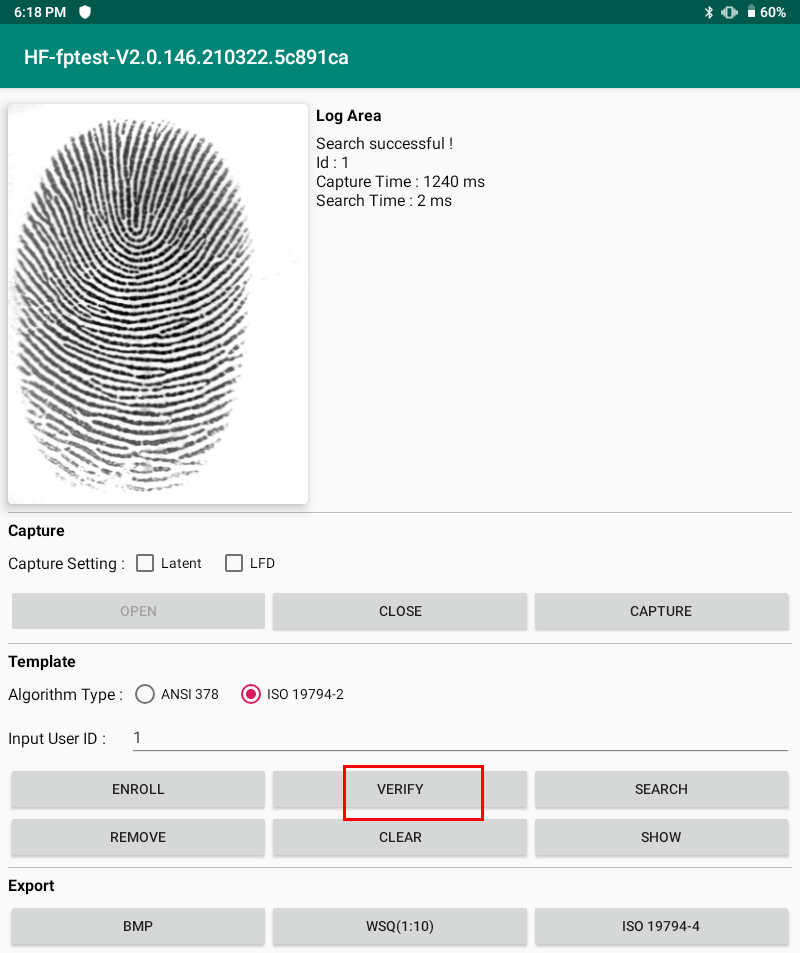HFSecurity FAP20 FBI Cerificated Fingerprint Scanner Android Demo