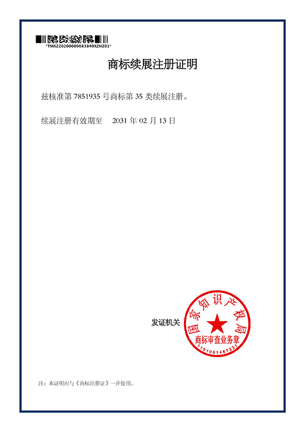 Certificate of trademark renewal registration