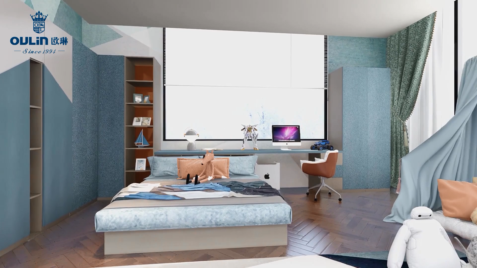 Μπλε φτηνό σύγχρονο δωμάτιο παιδιών με γραφείο και ντουλάπες1
