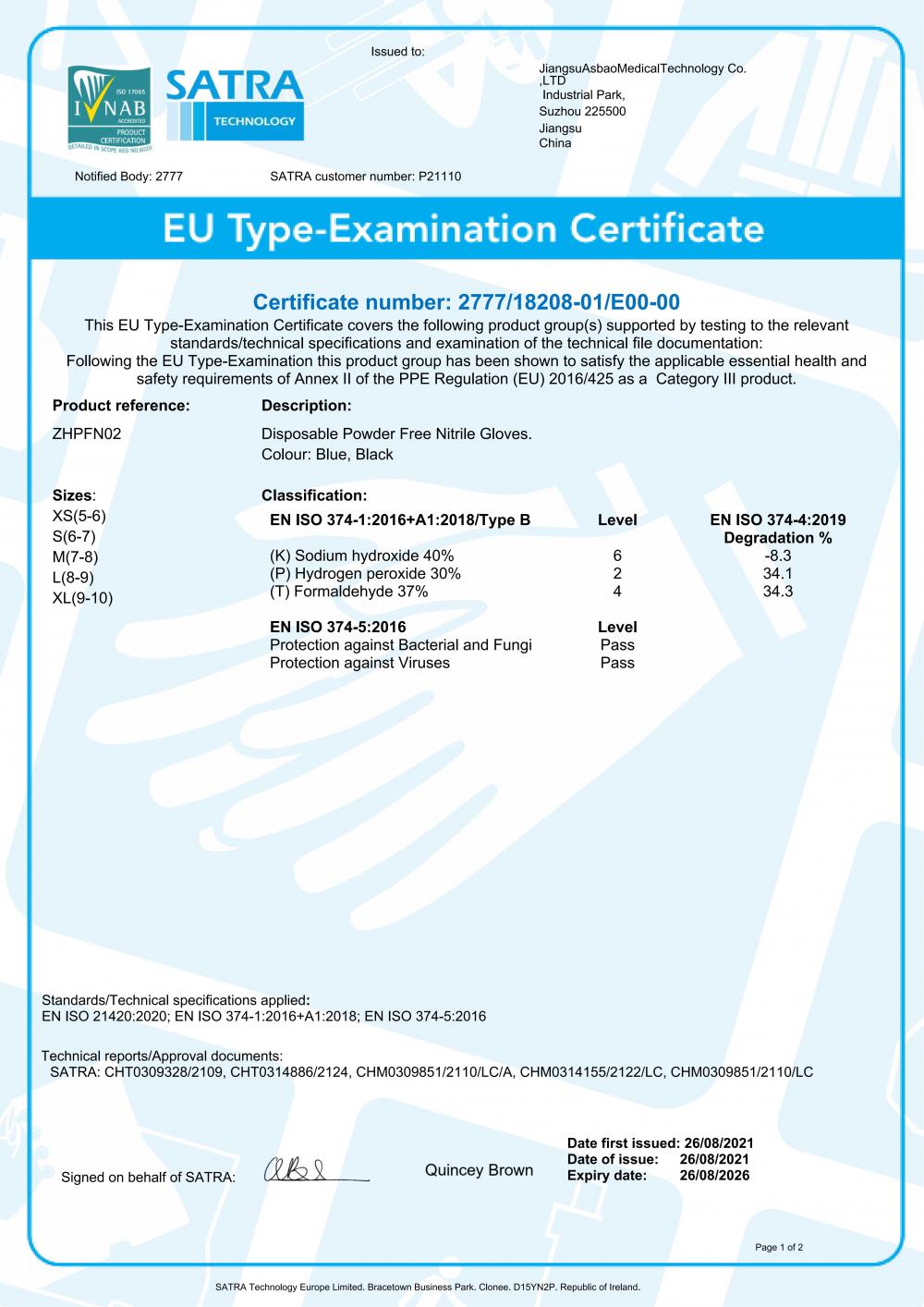 Blue and Black Nitrile (TYPE B) Modul B Certificate 2777 SATRA 