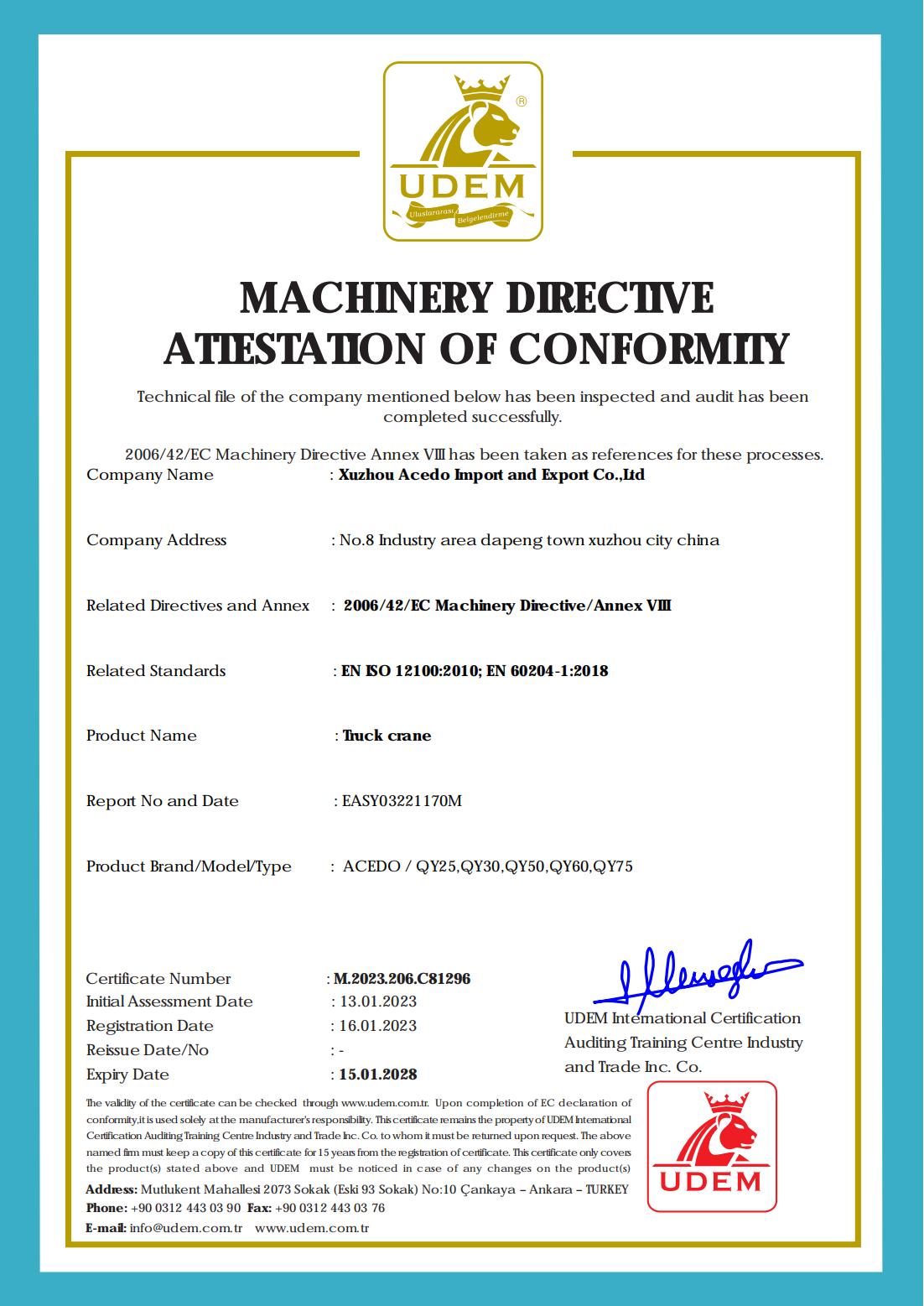 MACHINERY DIRECTIVE ATTESTATION OF CONFORMITY