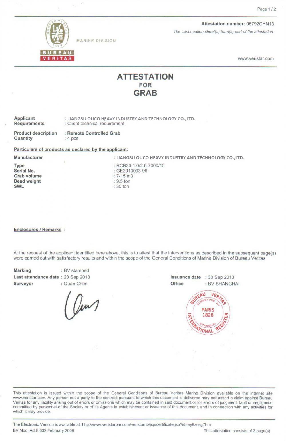 BV CERTIFICATE OF PRODUCTS