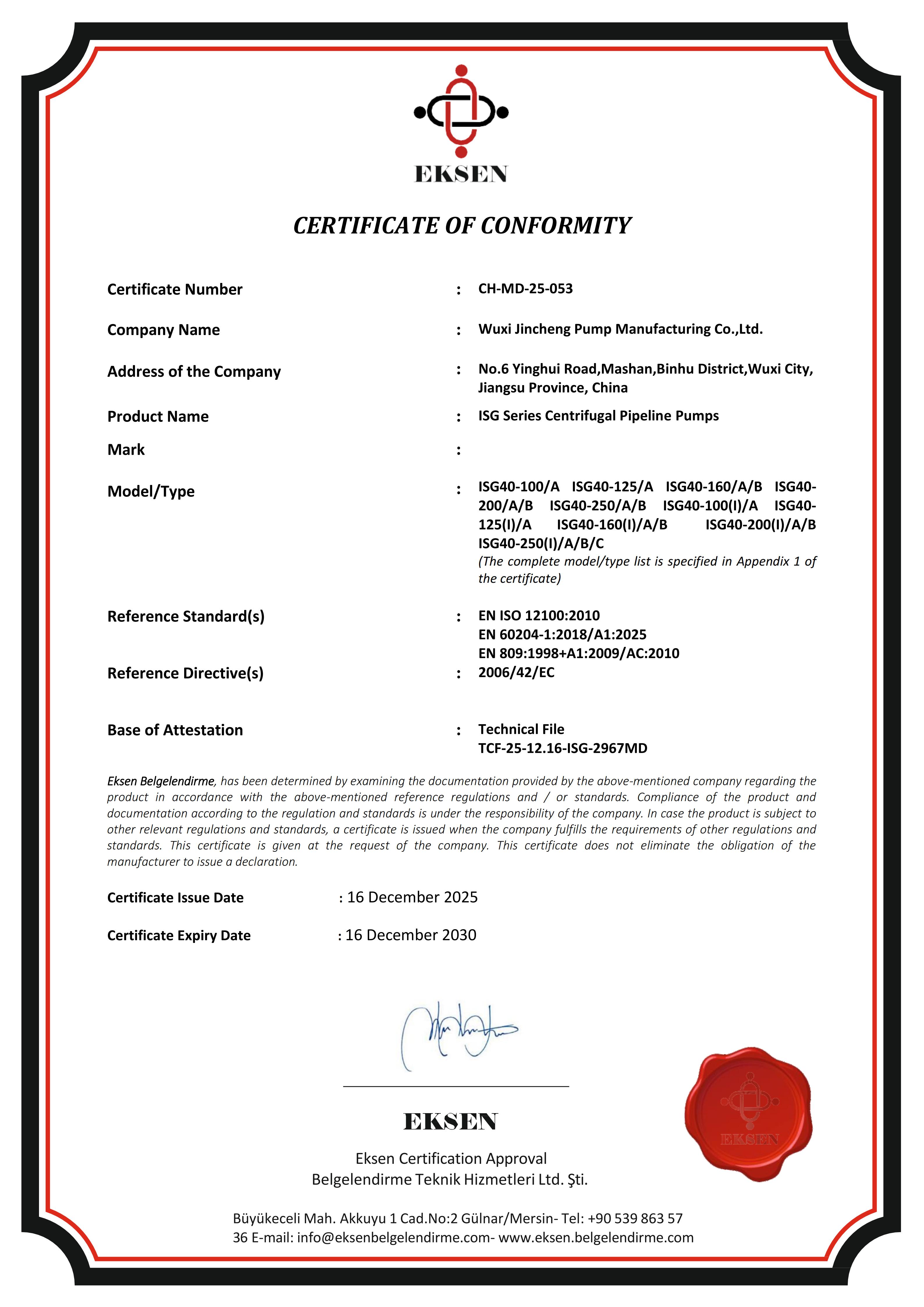 CERTIFICATE OF CONFORMITY