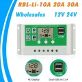 PWM Solar Charge and Discharge Controller 10A 20A 30A 24V 12V Auto LCD Dual USB Lithium Solar Collector Regulator Wholesale