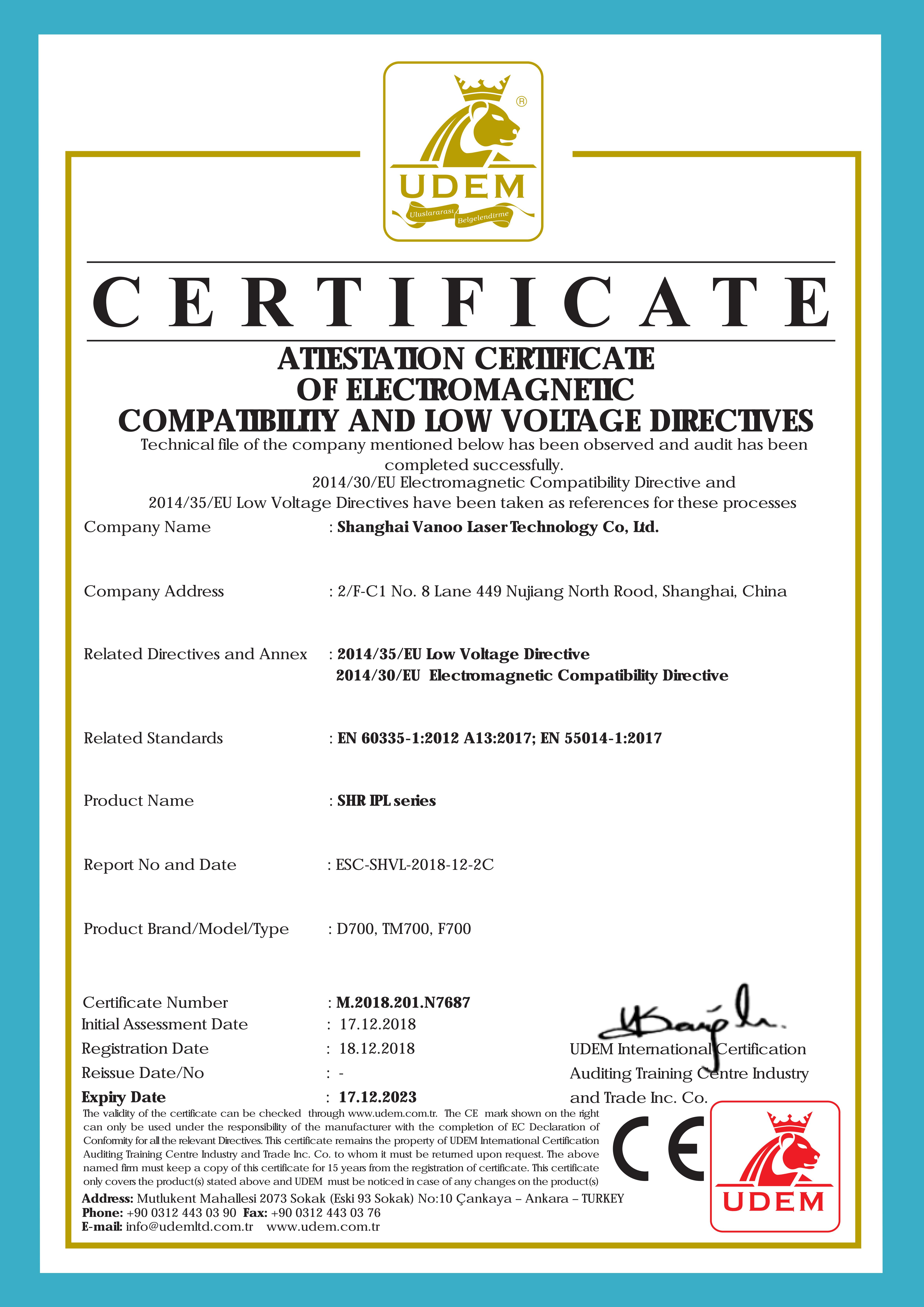 ATTESTATION CERTIFICATE OF ELECTROMAGNETIC COMPATIBILITY AND LOW VOLTAGE DIRECTIVES