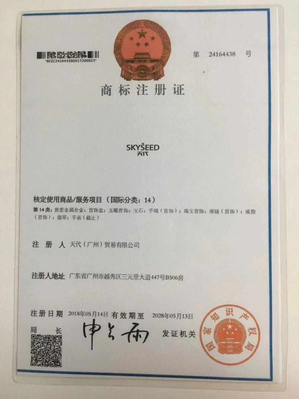 Trademark registration certificate