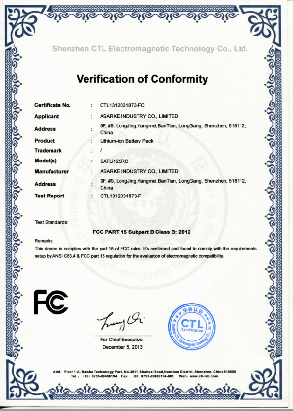 FCC PART 15 Subpart B Class B: 2012