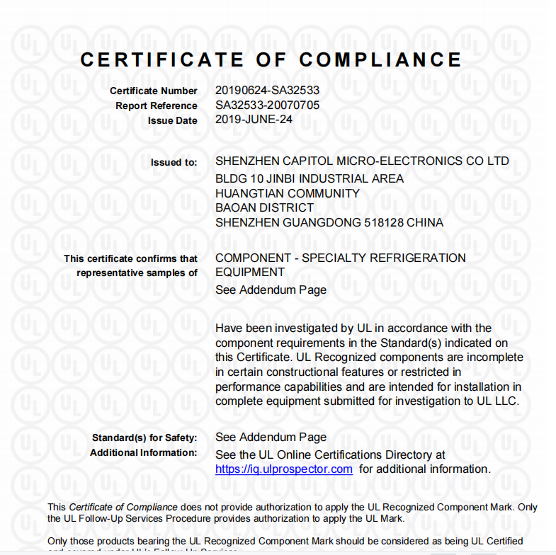 UL Certificate of compliance