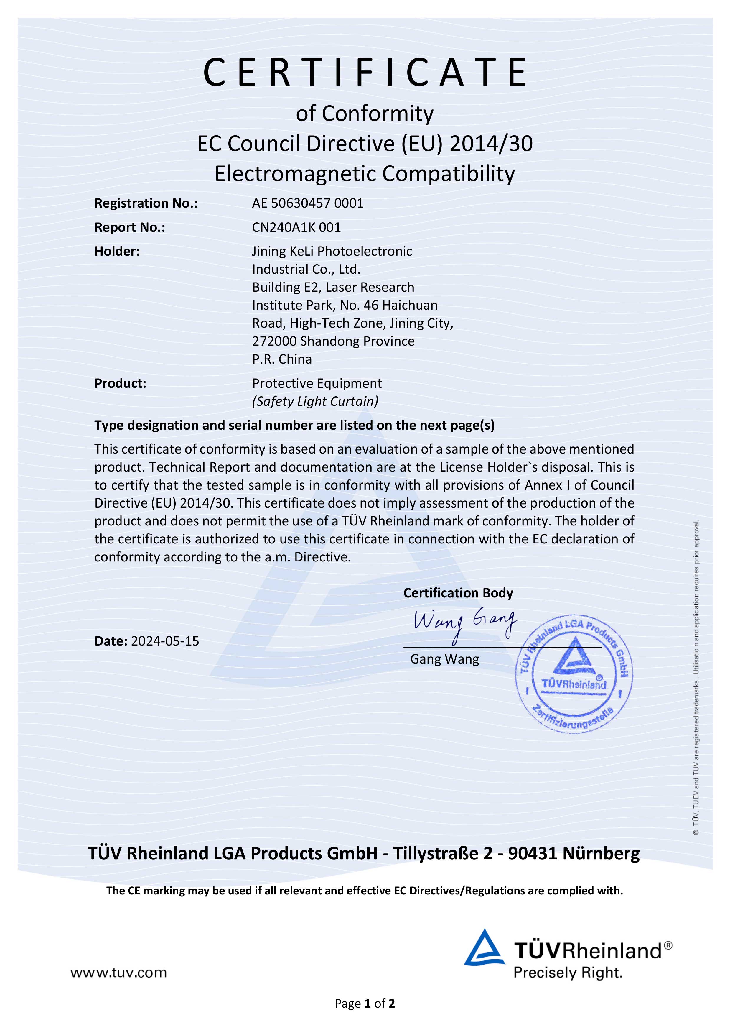 KS06 safety light curtain Certificate of Conformity EC Council Directive (EU) 2014/30 Electromagneti