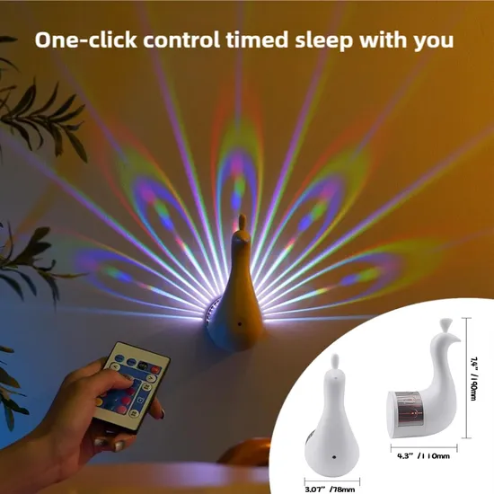 Peacock USB Desk Light: Lámpara de proyección de arcoiris de control remoto de Navidad