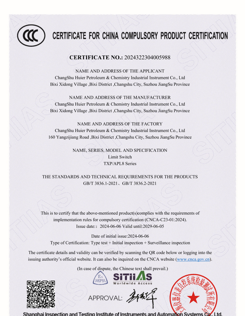 TXPAPL810 limit switch certificate