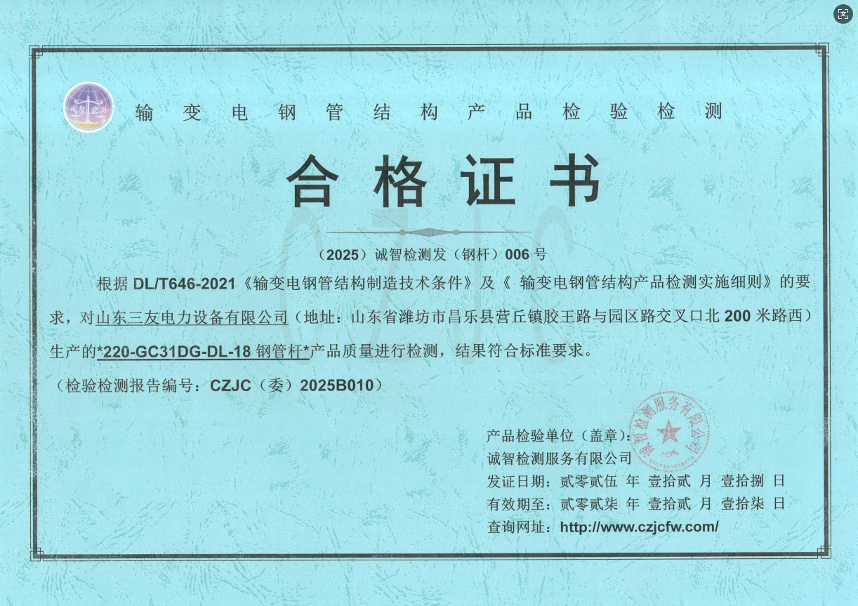 Steel Pipe Pole Inspection Certificate 2025