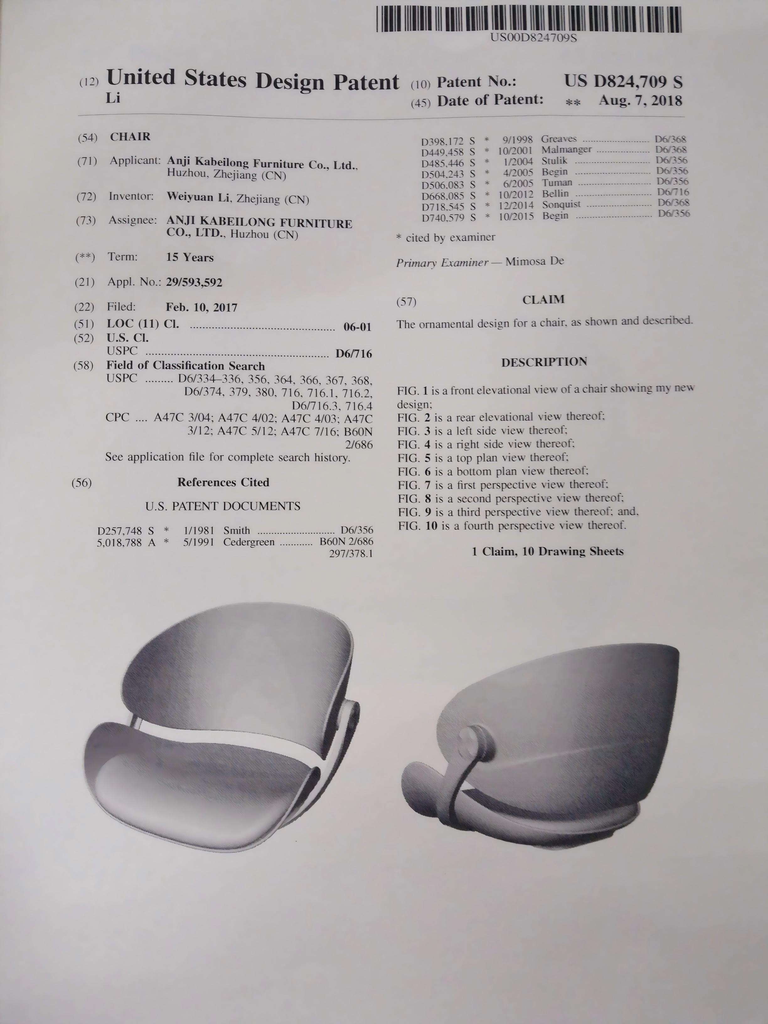 UNITED STATES DESIGN PATENT FOR CHAIR
