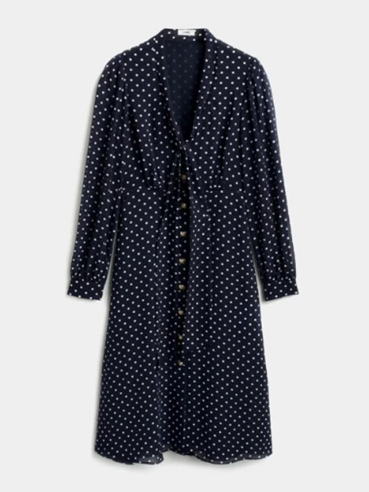 V-neck polka dot فستان طويل الأكمام