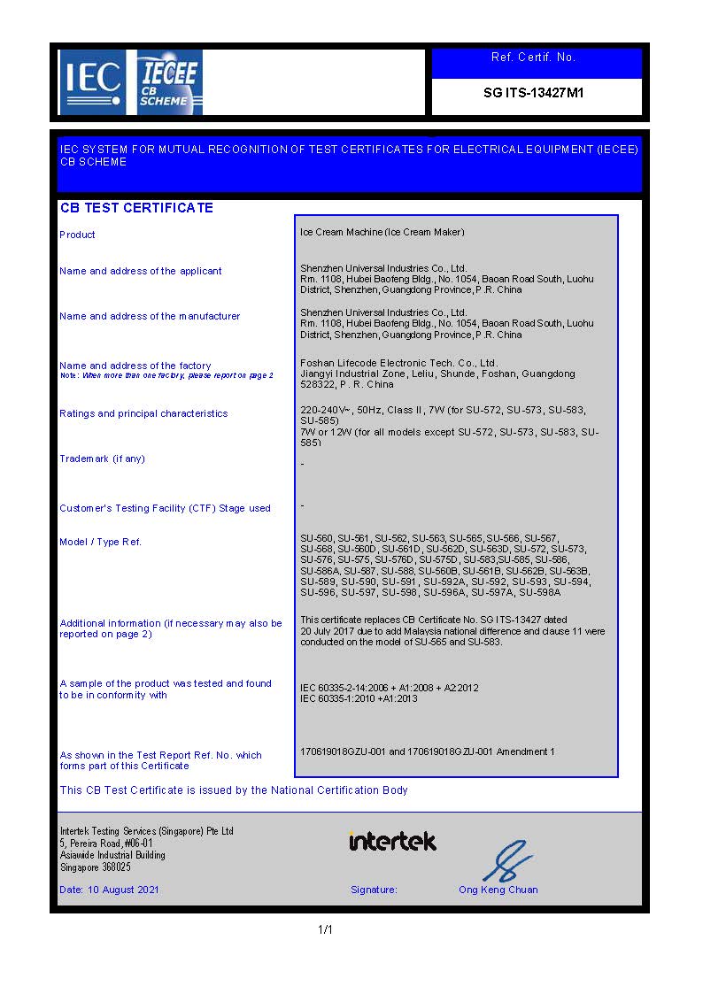 ICECREAM MAKER CB CERTIFICATE