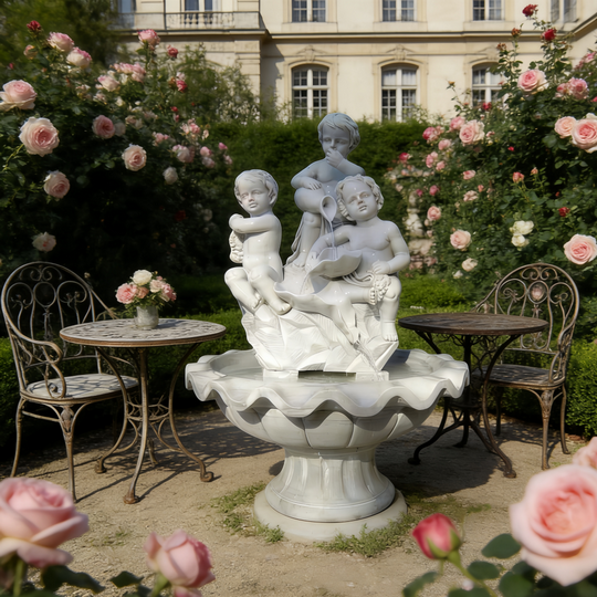 Fonte infantil de processamento de sombra de estátua em um jardim