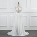 White Bohemian Beach Wedding Dresses with Long Sleeves and High Neck Illusion1