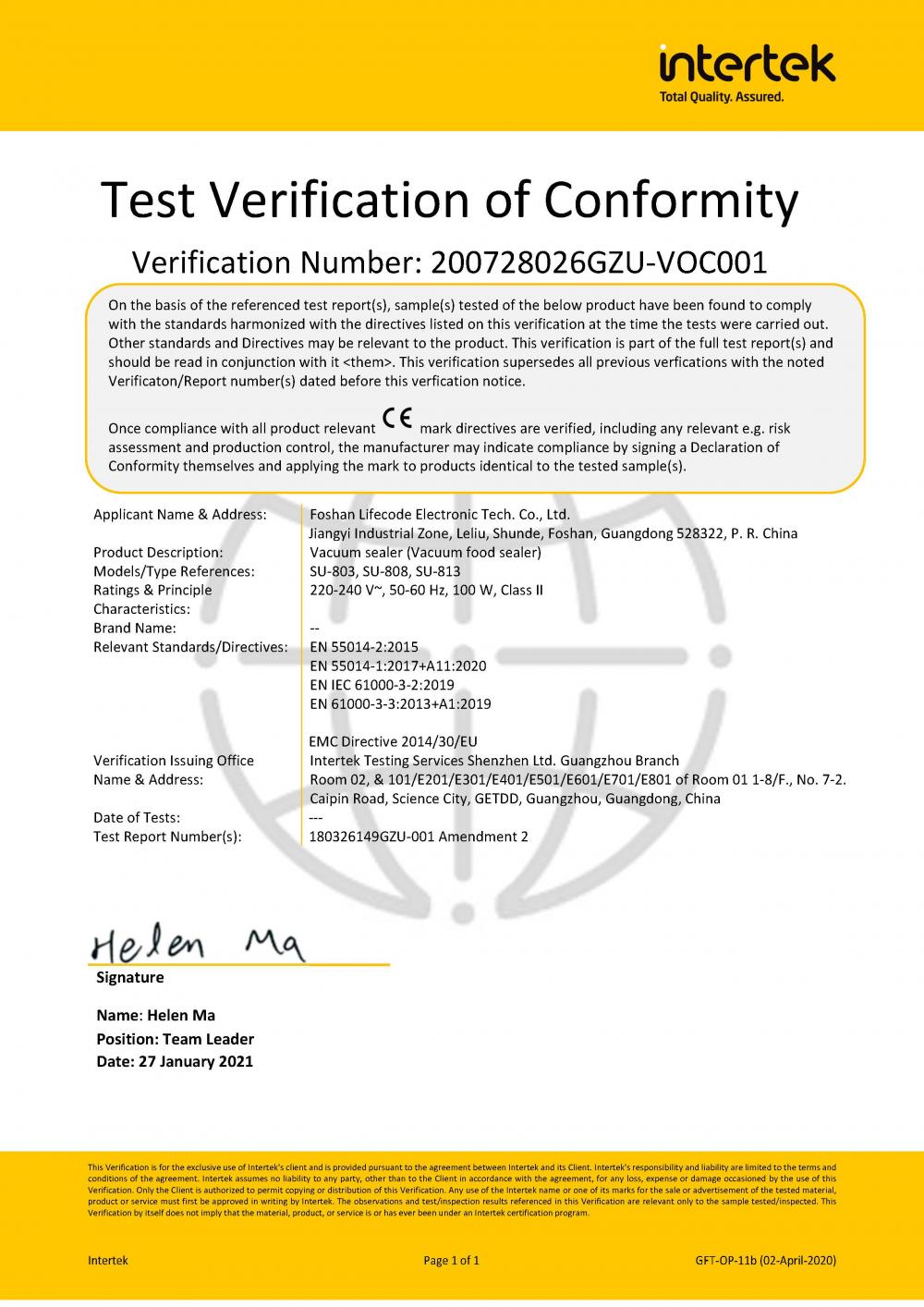 VACUUM SEALER CE CERTIFICATION