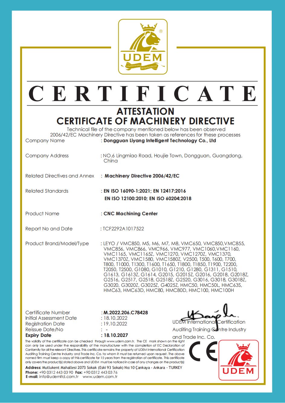 CE certification of cnc machining center