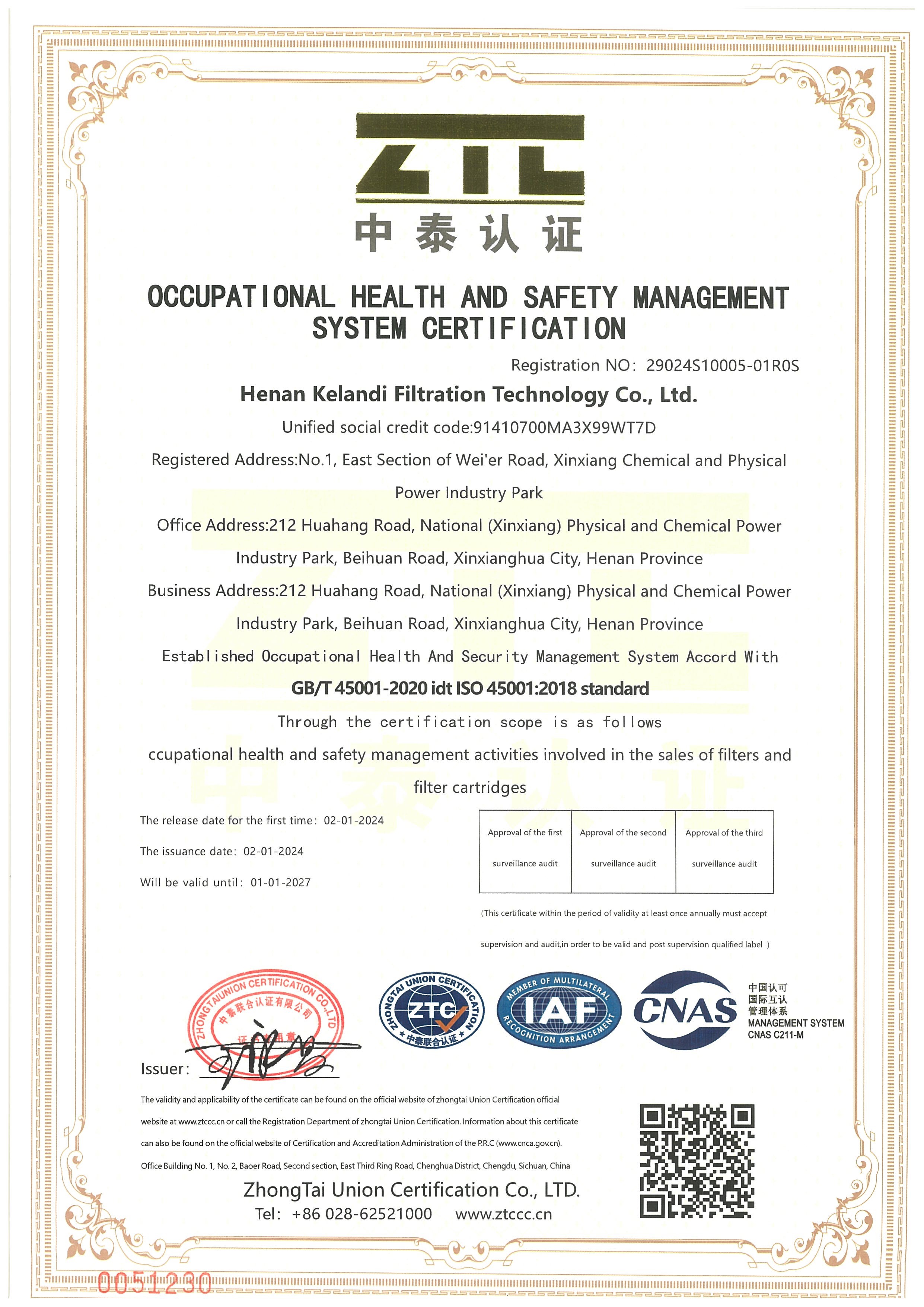 OCCUPATIONAL HEALTH AND SAFETY MANAGEMENT SYSTEM CERTIFICATION