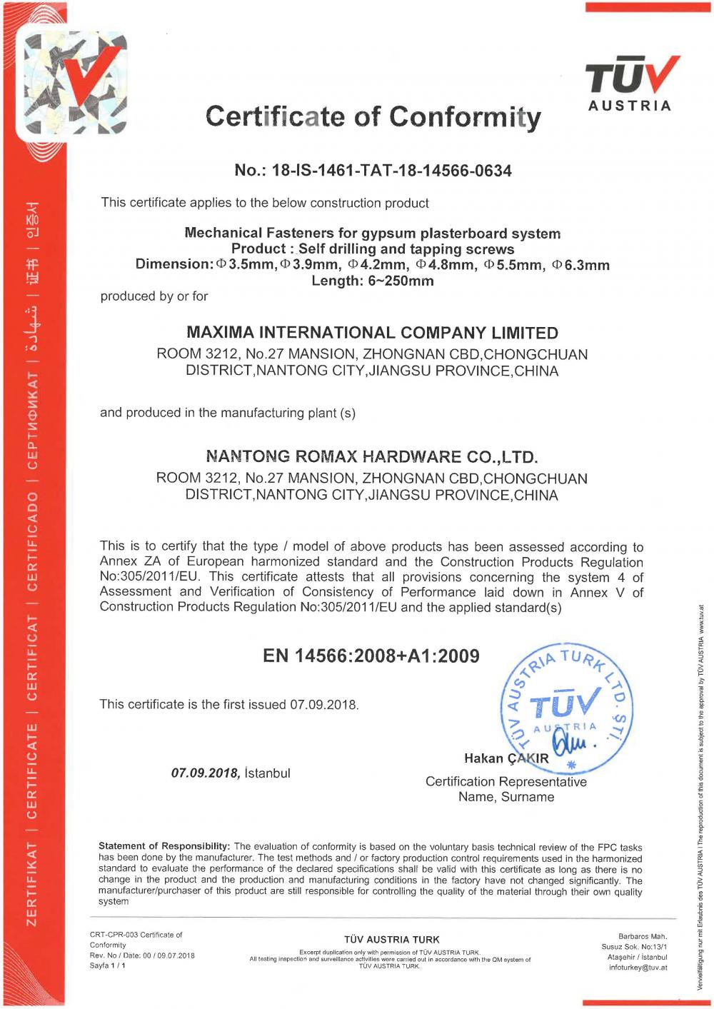 EN14566 CERTIFICATE OF CONFORMITY SELF DRILLING AND TAPPING SCREWS