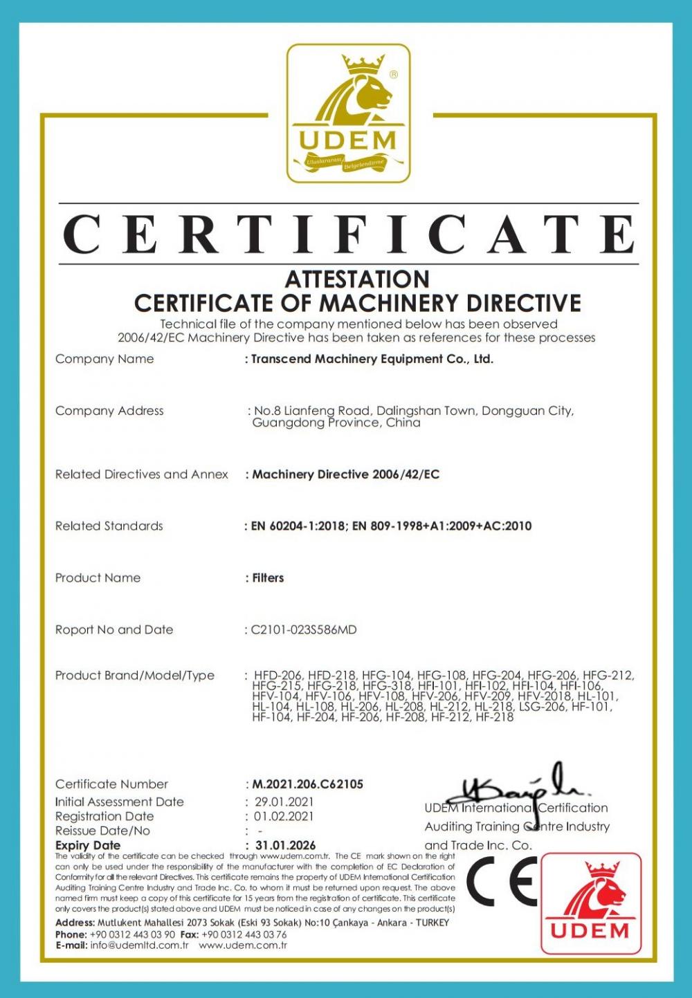 Certificate of Machinery Directive