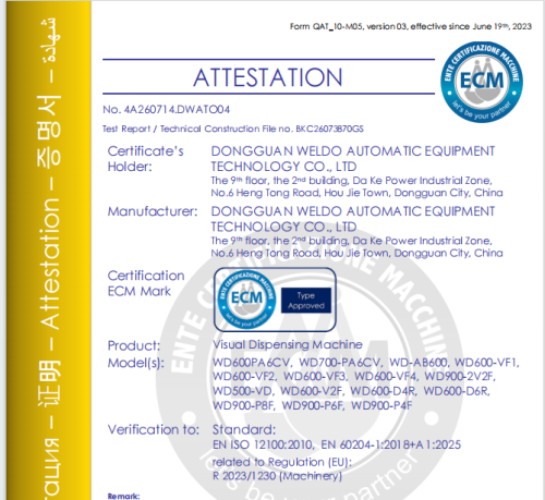 Breaking Update: All WELDO Core Dispensing Machines Certified EU CE by ECM NB 1282