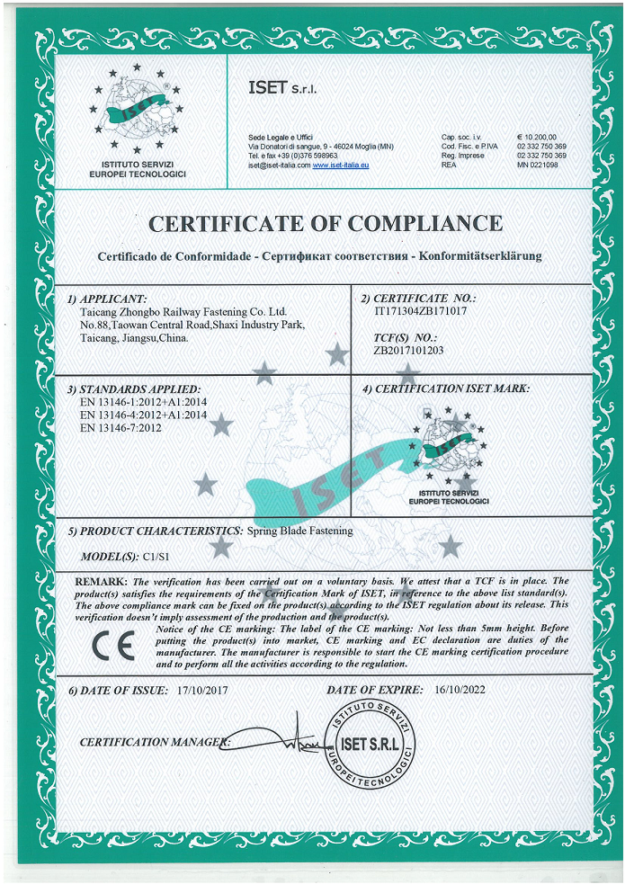 CE certificate for spring blade fastening