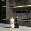 Bathroom Kitchen Bamboo Tray Foam Pump 500ml 16oz Matte Black White Liquid Glass Soap Dispenser Bottle Set1