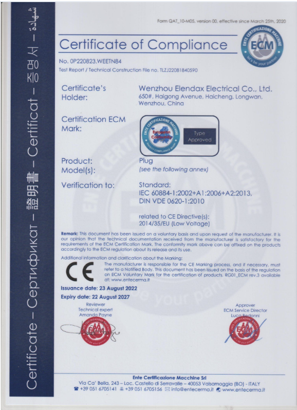 Certificate of Compliance to Plug