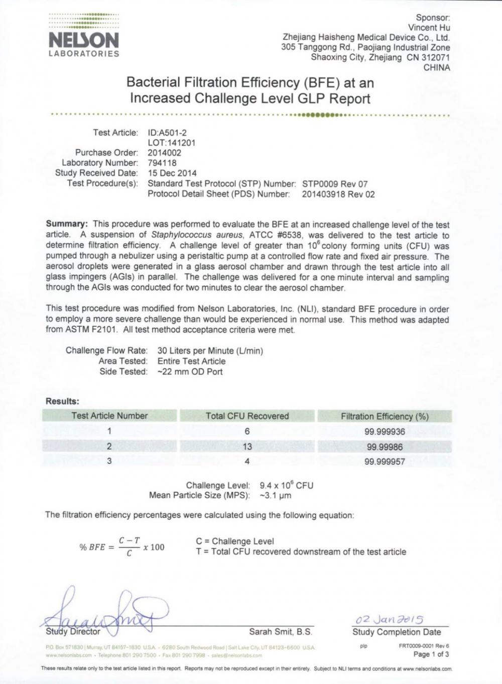 Bacterial Filteration Efficiency (BFE) at an Increased Challenge Level GLP Report