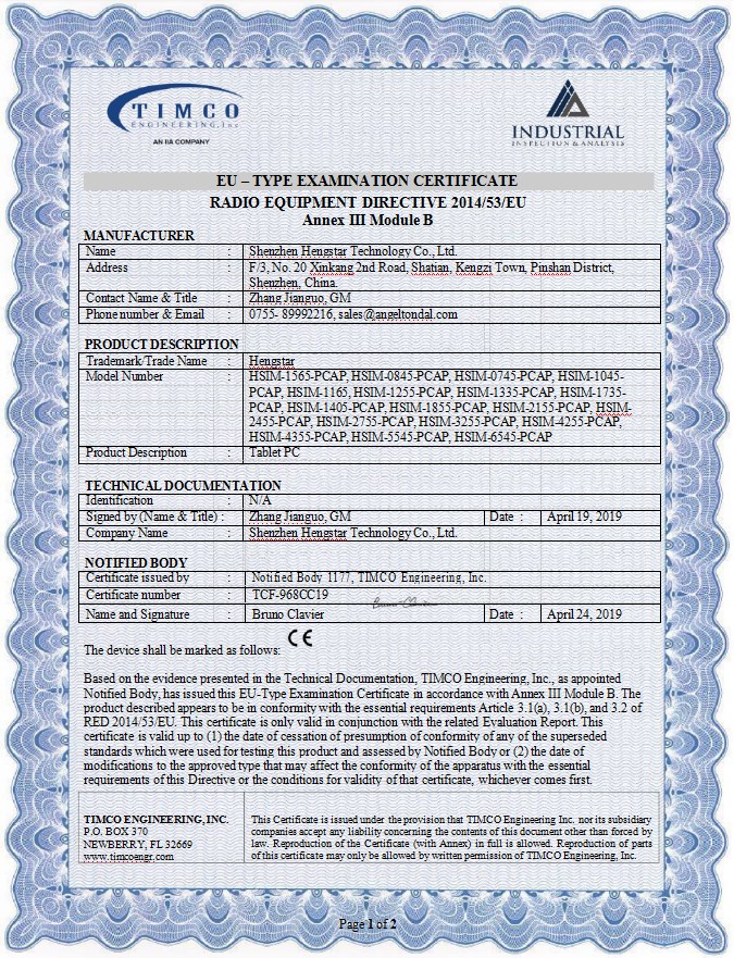 EU – TYPE EXAMINATION CERTIFICATE