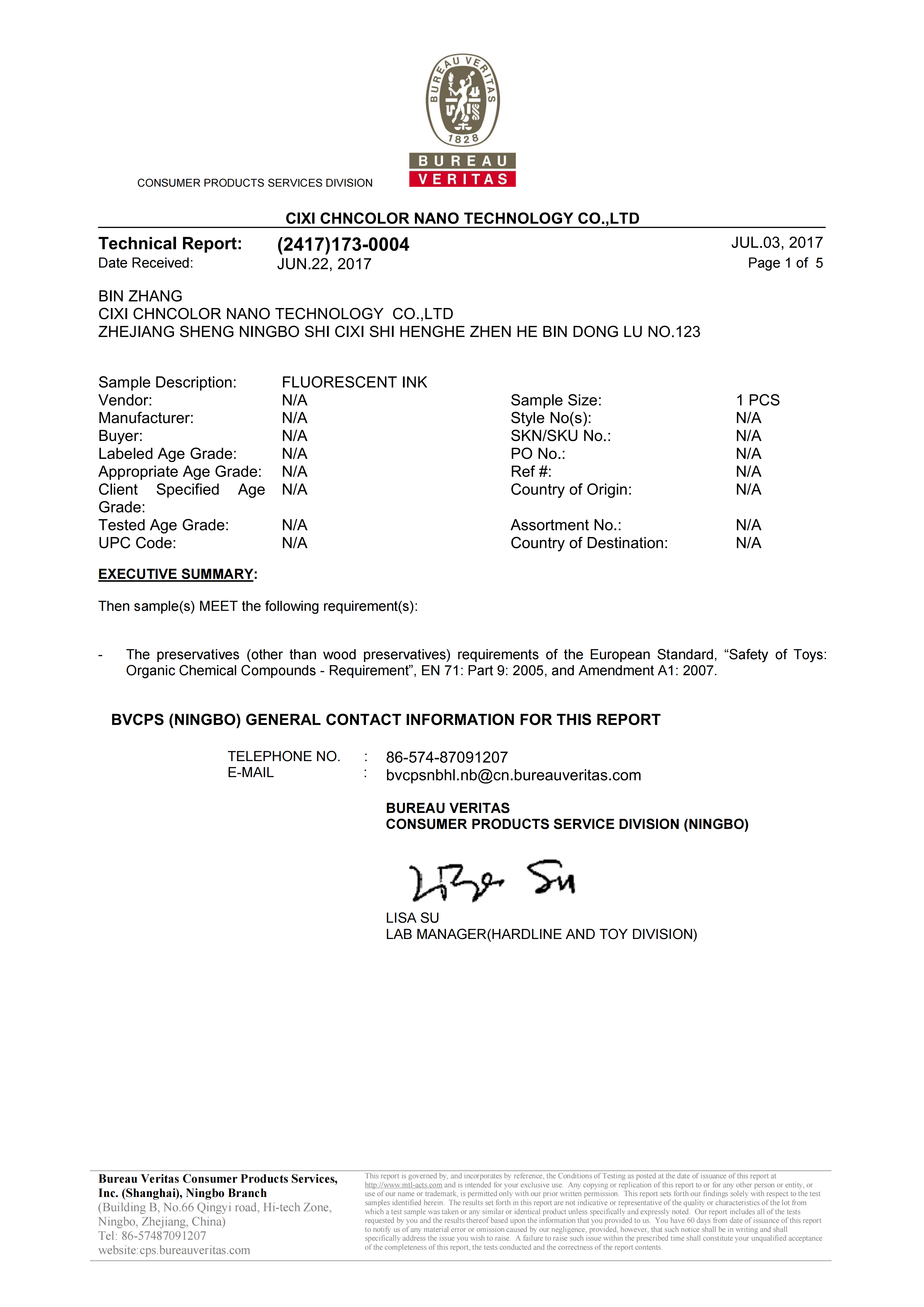 Fluorescent Ink EN71-9 Test Report