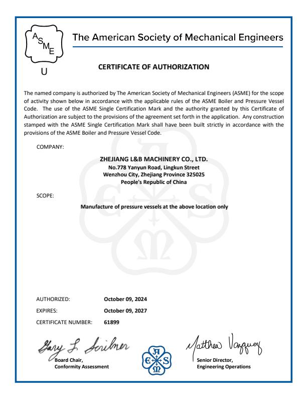 Pressure Vessel Certificate