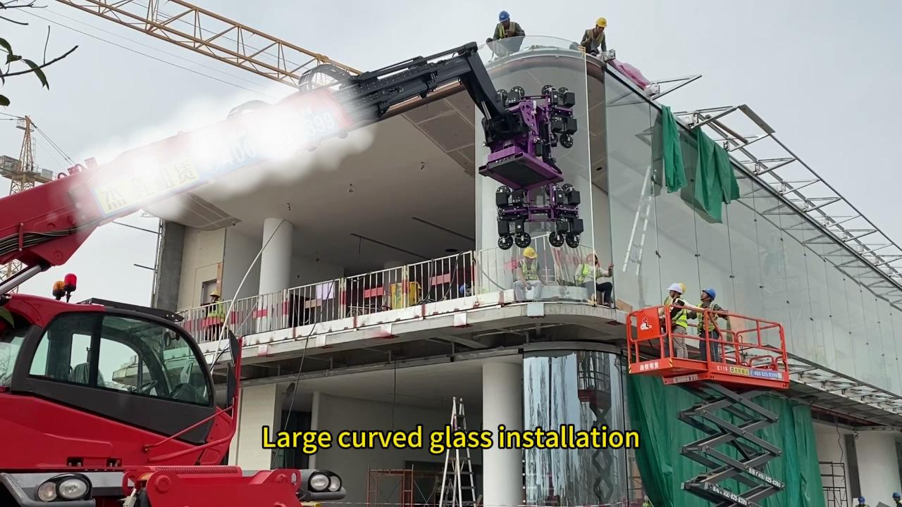 Large Curved glass installation with  forklift