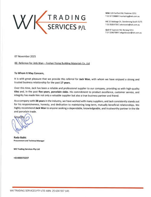 Scrisoare de recomandare de la WK din Australia